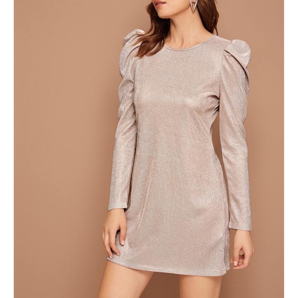 Nude Glitter Puff Sleeve Shift Party Dress - Picture 4 of 8